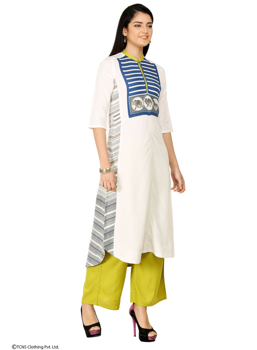 White Printed 3/4 Sleeve kurta