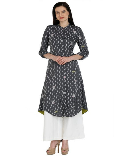 Grey Printed Full Sleeve kurta