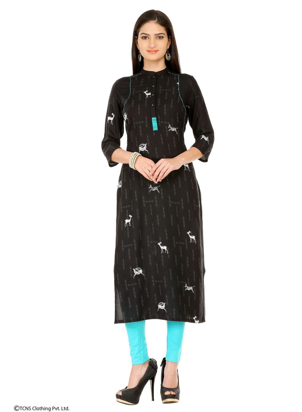 Black Printed 3/4 Sleeve kurta - wforwoman