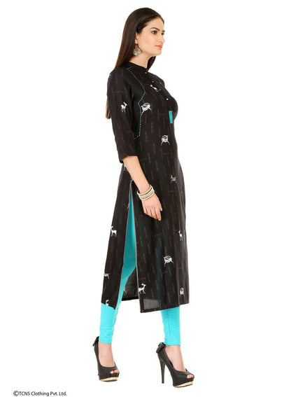 Black Printed 3/4 Sleeve kurta - wforwoman