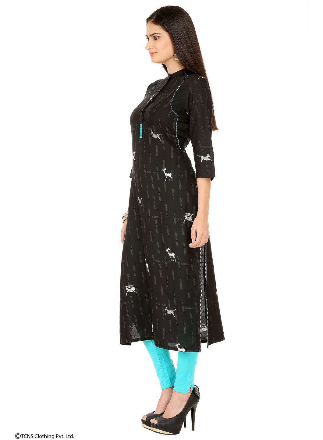 Black Printed 3/4 Sleeve kurta - wforwoman