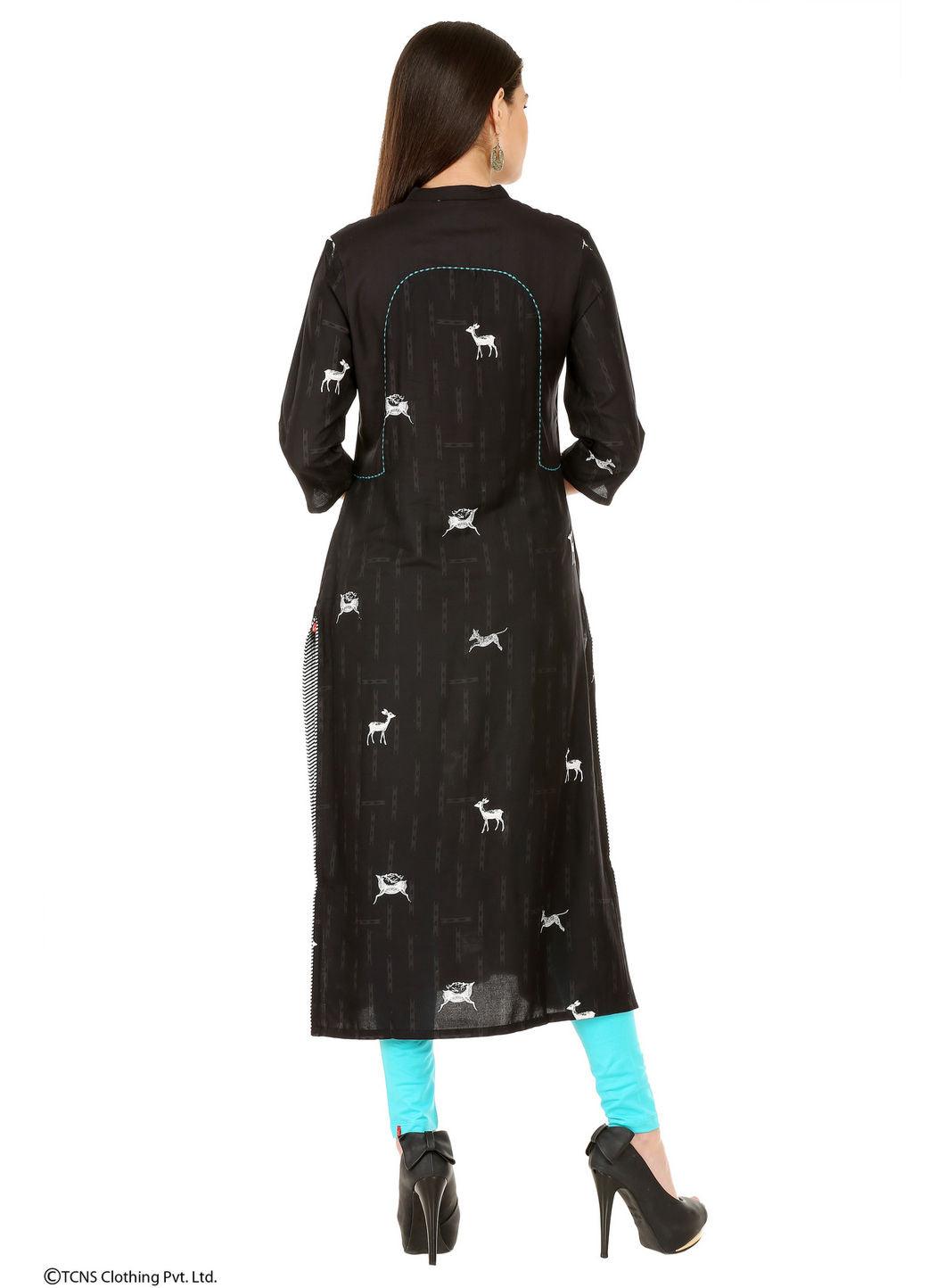 Black Printed 3/4 Sleeve kurta - wforwoman