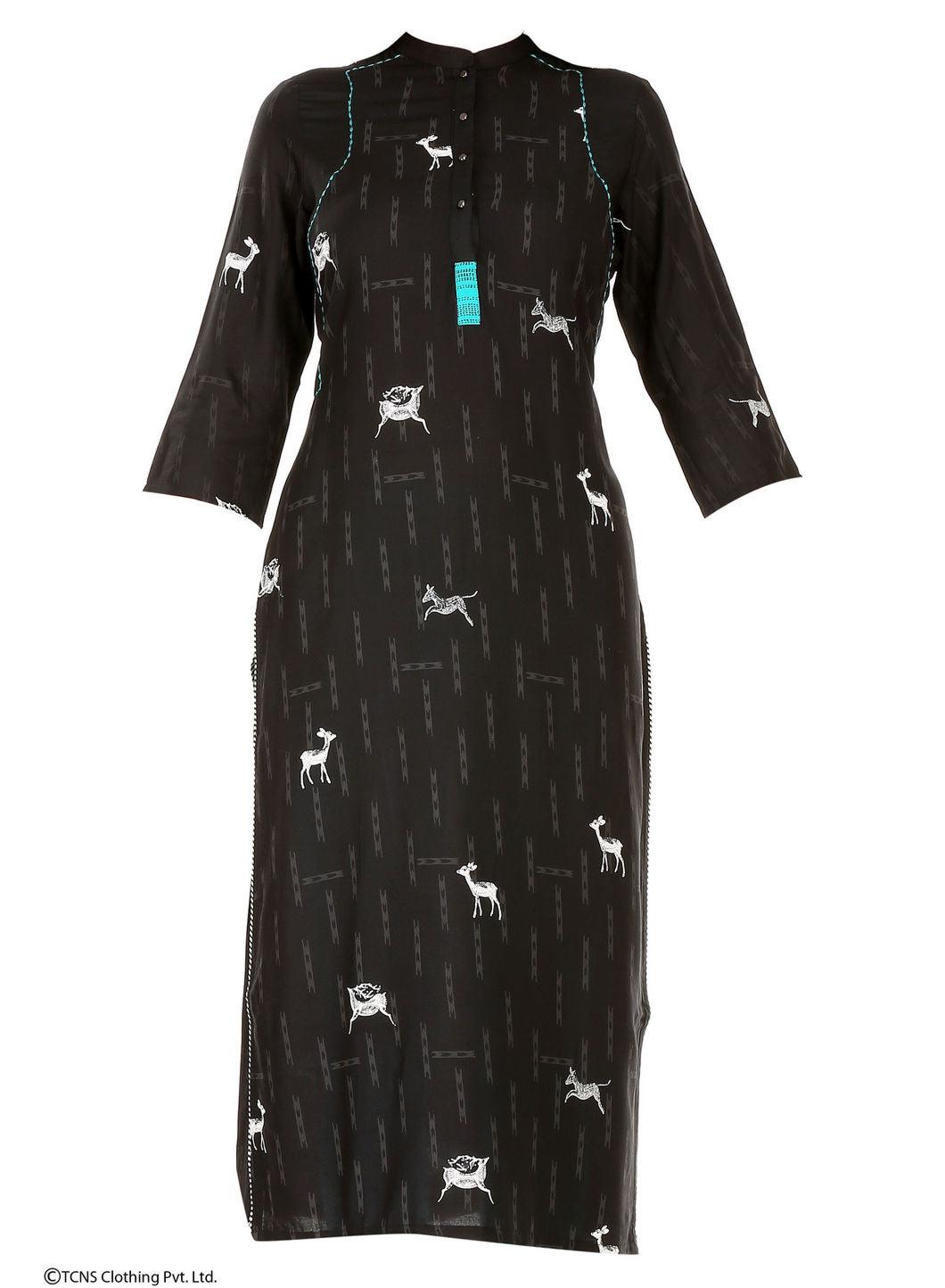 Black Printed 3/4 Sleeve kurta - wforwoman