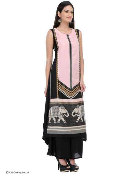 Black Printed Sleeveless kurta - wforwoman