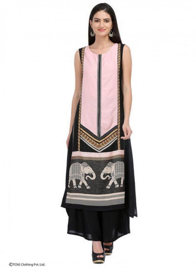 Black Printed Sleeveless kurta - wforwoman