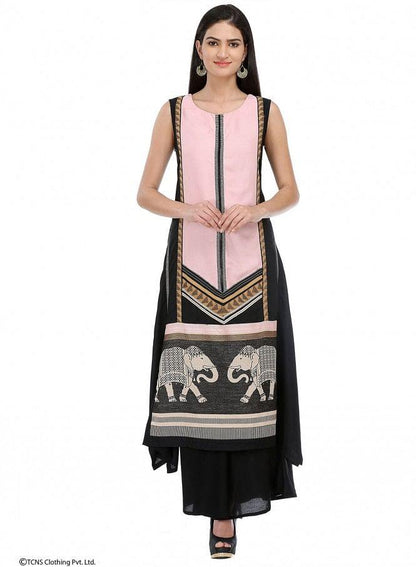 Black Printed Sleeveless kurta - wforwoman