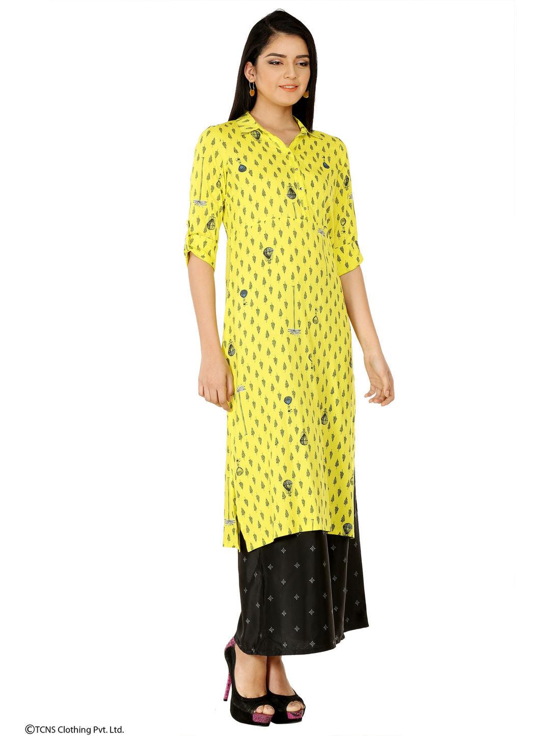 Yellow Printed 3/4 Sleeve kurta - wforwoman