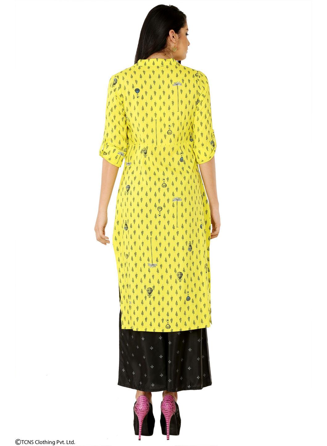 Yellow Printed 3/4 Sleeve kurta - wforwoman