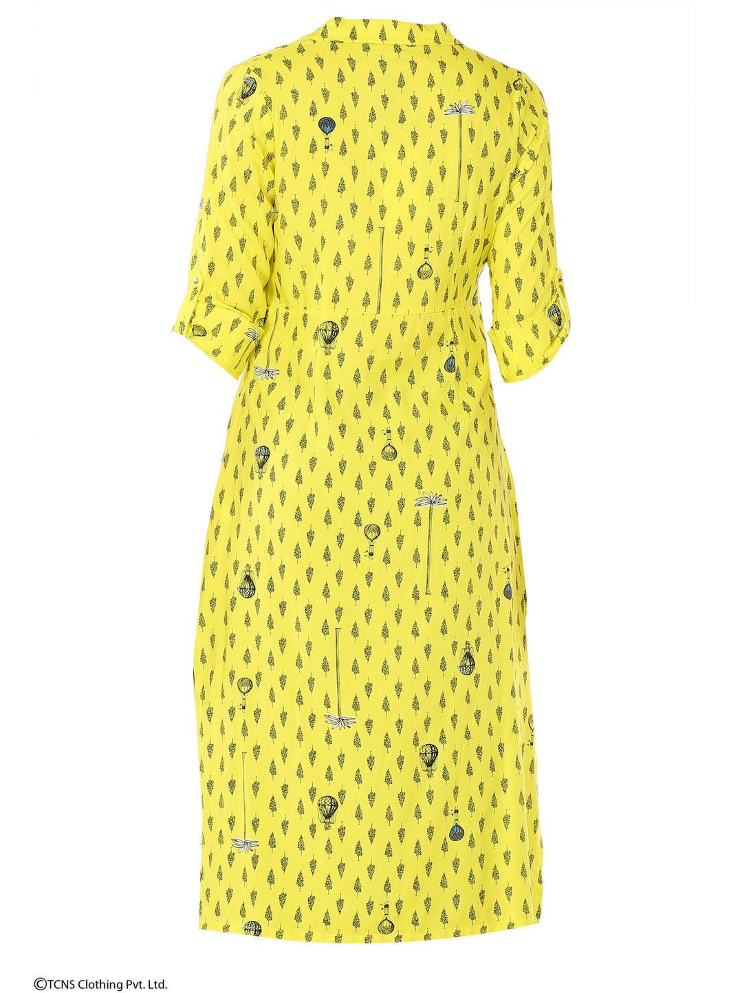 Yellow Printed 3/4 Sleeve kurta - wforwoman