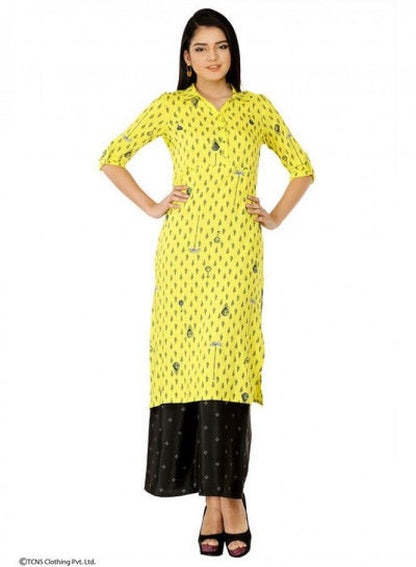 Yellow Printed 3/4 Sleeve kurta - wforwoman