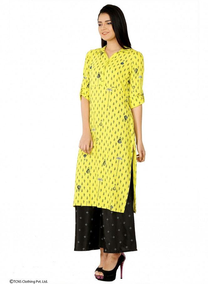 Yellow Printed 3/4 Sleeve kurta - wforwoman