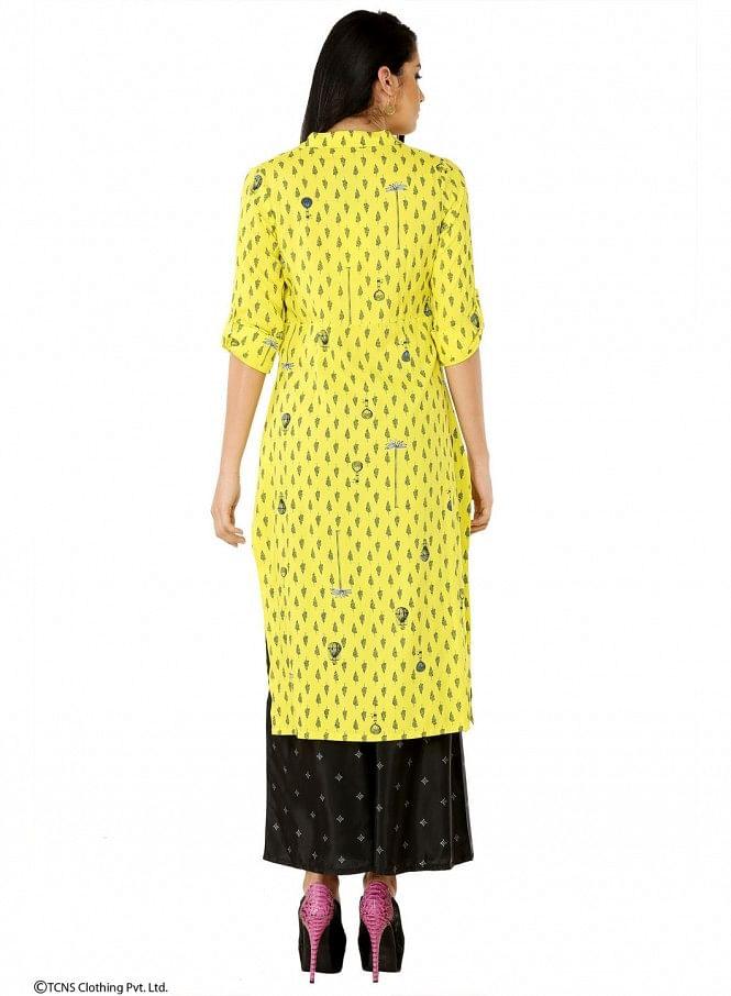 Yellow Printed 3/4 Sleeve kurta - wforwoman