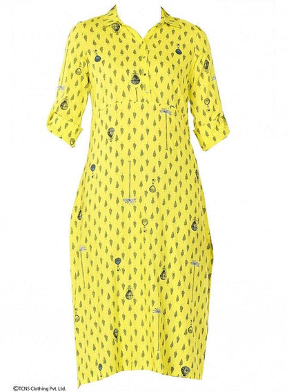 Yellow Printed 3/4 Sleeve kurta - wforwoman