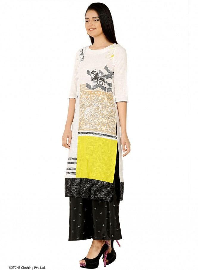 White Printed 3/4 Sleeve kurta - wforwoman