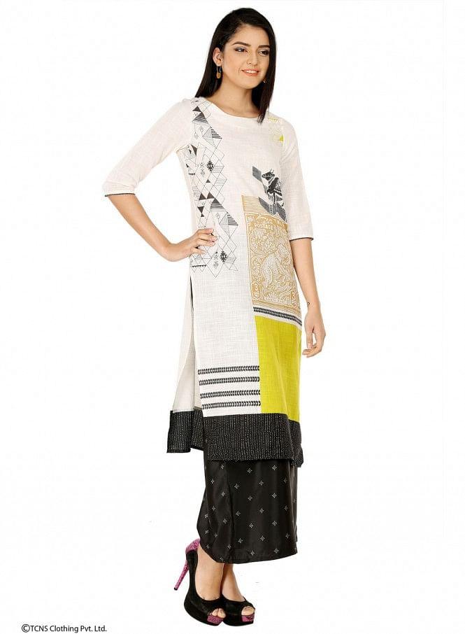 White Printed 3/4 Sleeve kurta - wforwoman