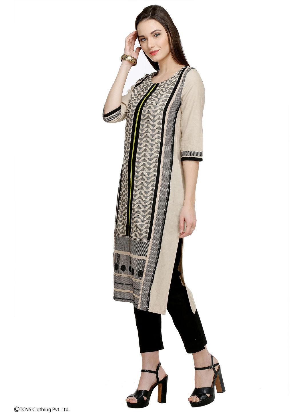 Beige Printed 3/4 Sleeve kurta - wforwoman