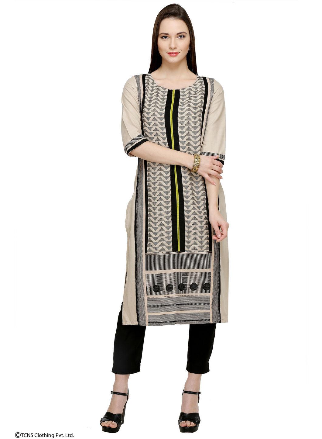 Beige Printed 3/4 Sleeve kurta - wforwoman