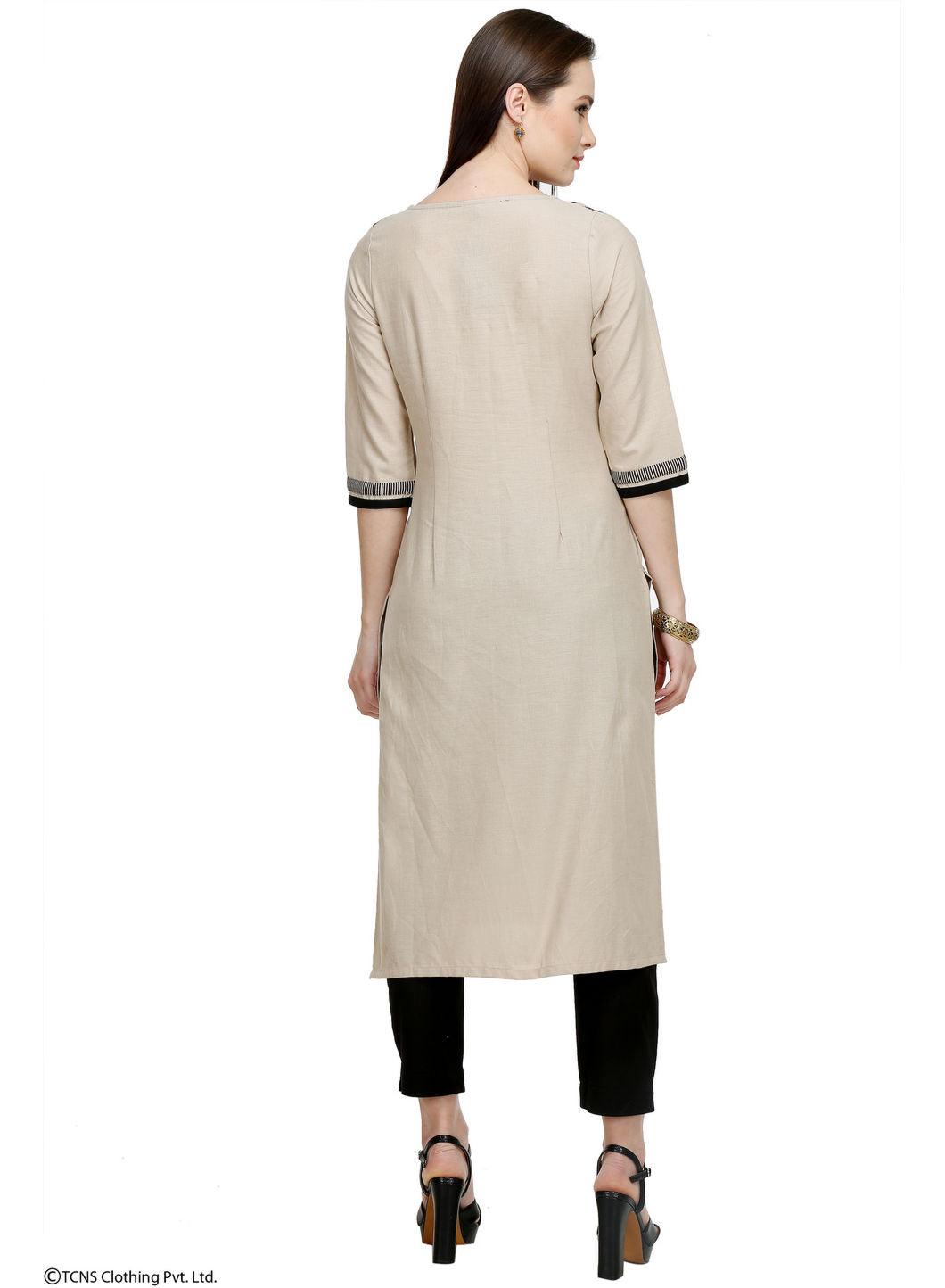 Beige Printed 3/4 Sleeve kurta - wforwoman