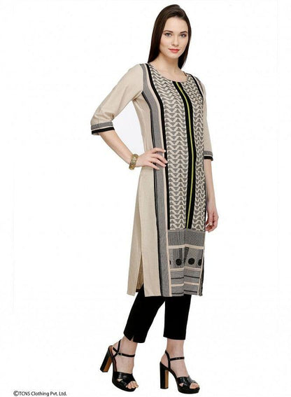 Beige Printed 3/4 Sleeve kurta - wforwoman