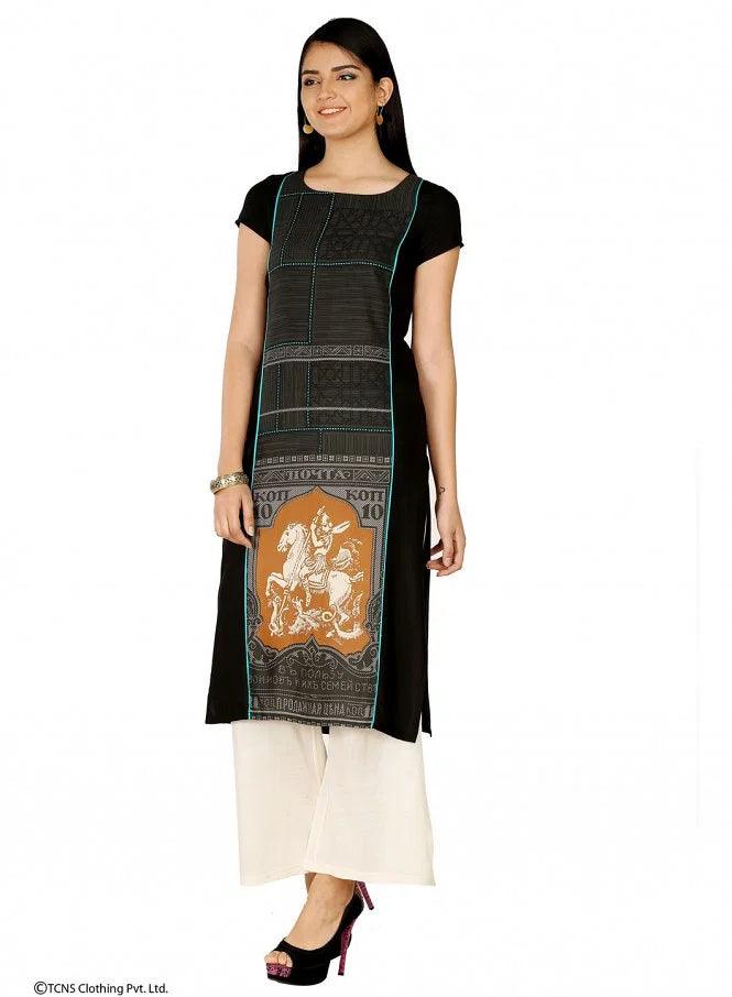 Black Printed Short Sleeve kurta - wforwoman