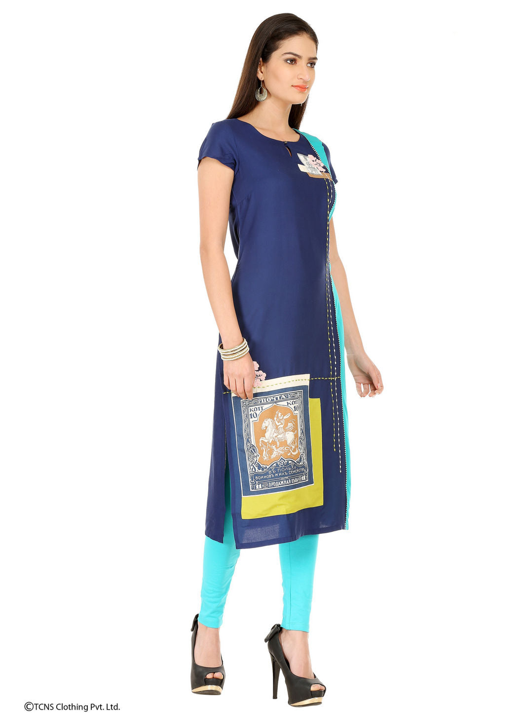 Blue Printed Short Sleeve kurta