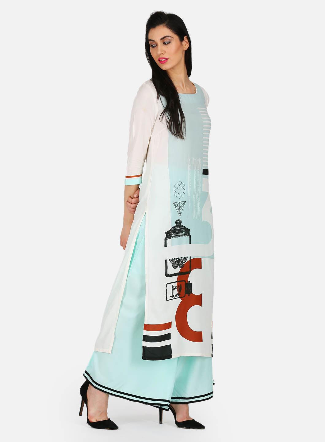 White &amp; Blue Printed kurta - wforwoman