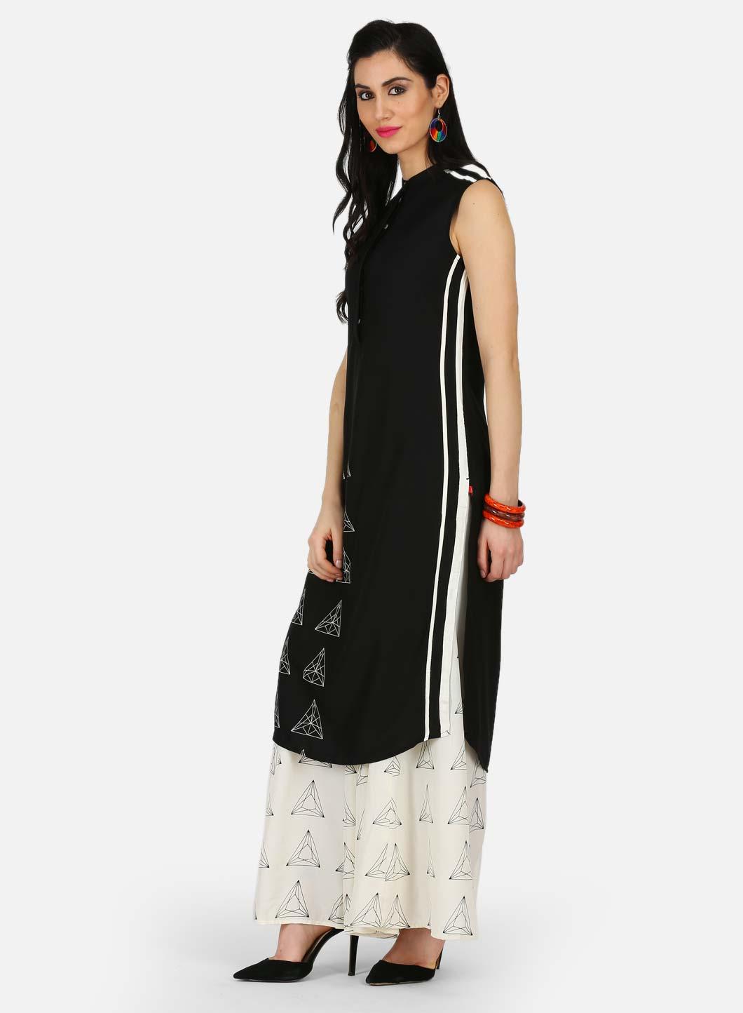 Black Printed Mandarin Neck kurta - wforwoman