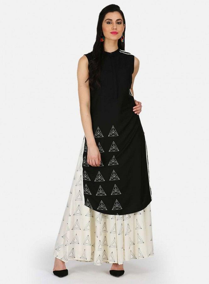 Black Printed Mandarin Neck kurta - wforwoman