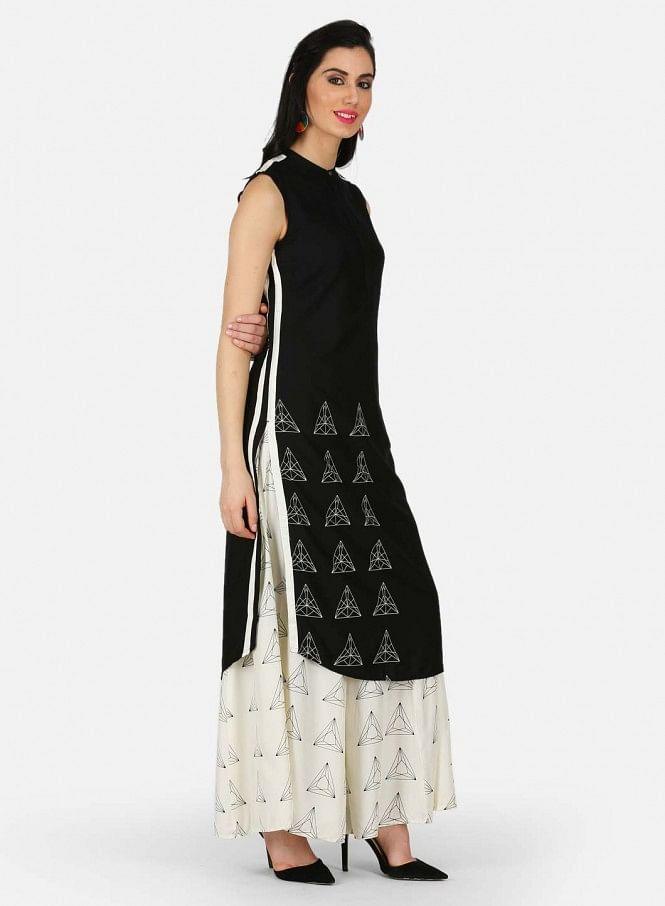 Black Printed Mandarin Neck kurta - wforwoman