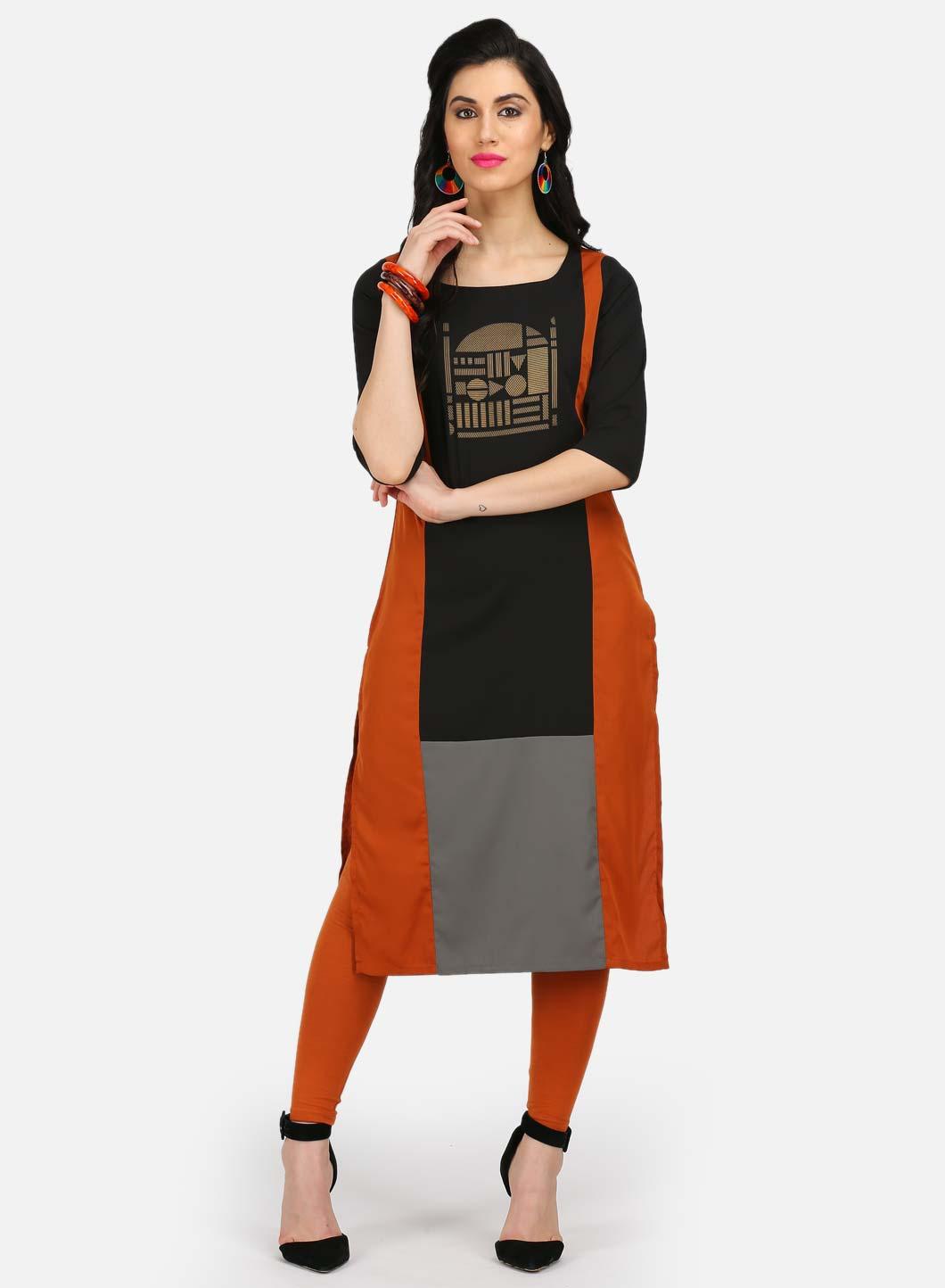 Brown &amp; Black Printed Round Neck kurta - wforwoman