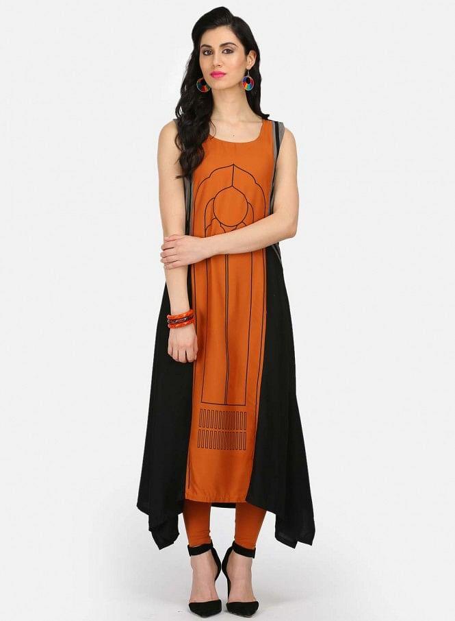 Brown Printed Round Neck kurta - wforwoman