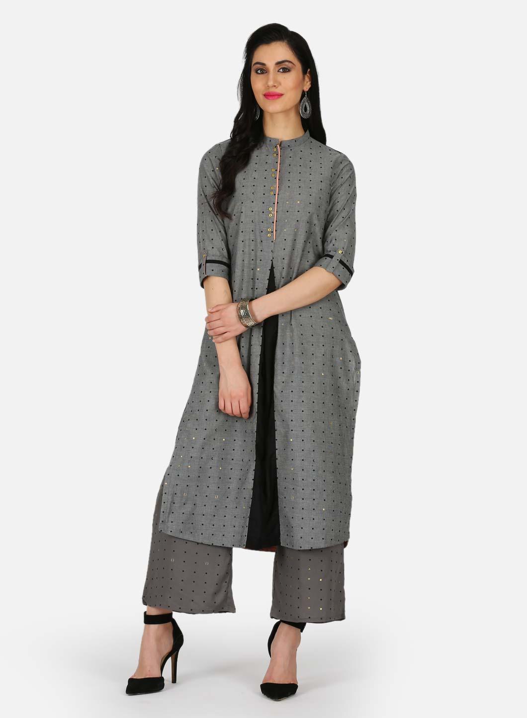 Grey Printed Mandarin Neck kurta - wforwoman