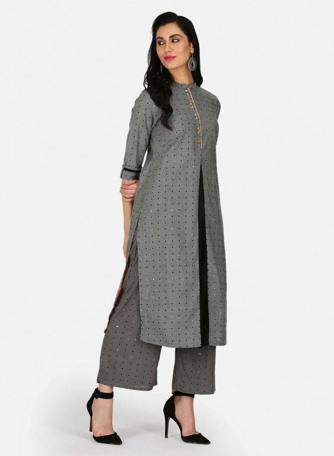 Grey Printed Mandarin Neck kurta - wforwoman