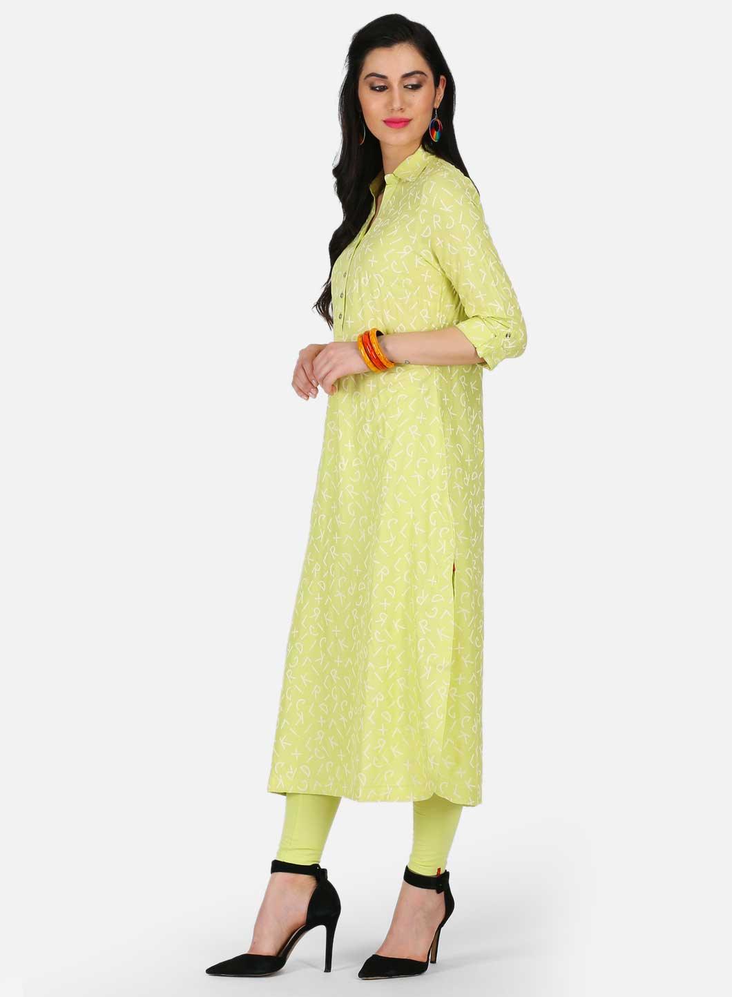 Green Printed Collar Neck kurta - wforwoman