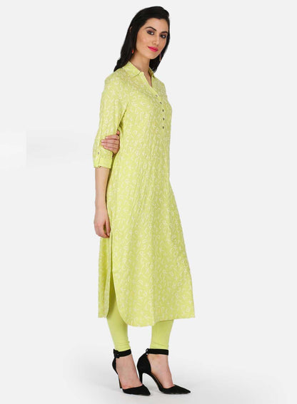 Green Printed Collar Neck kurta - wforwoman