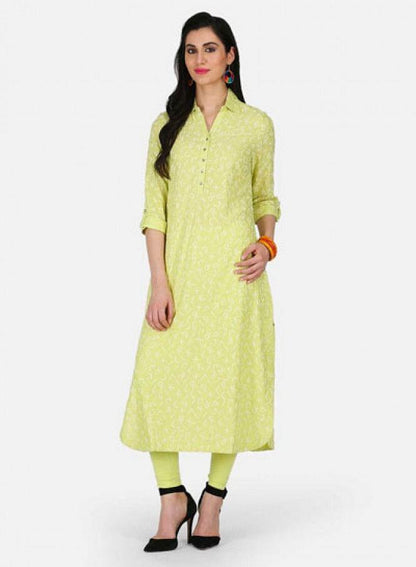 Green Printed Collar Neck kurta - wforwoman