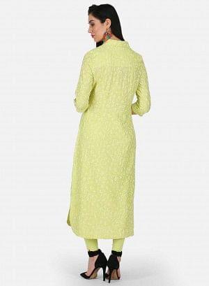 Green Printed Collar Neck kurta - wforwoman