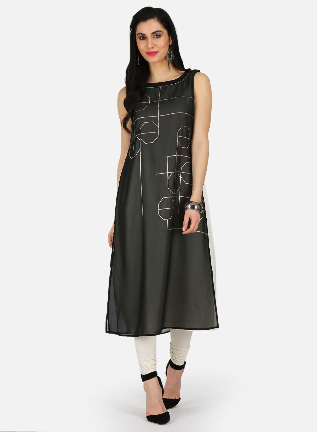 Black Printed Round Neck kurta - wforwoman