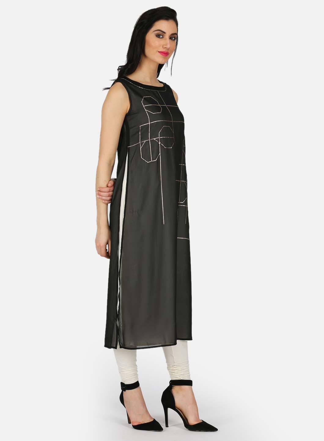 Black Printed Round Neck kurta - wforwoman