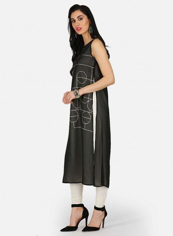 Black Printed Round Neck kurta - wforwoman