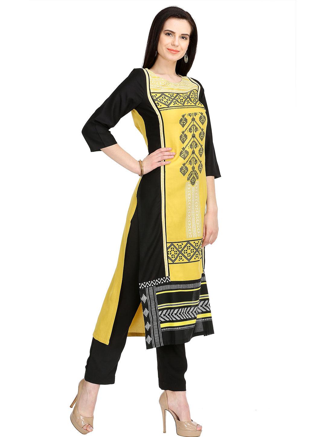 Yellow Printed 3/4 Sleeve kurta - wforwoman