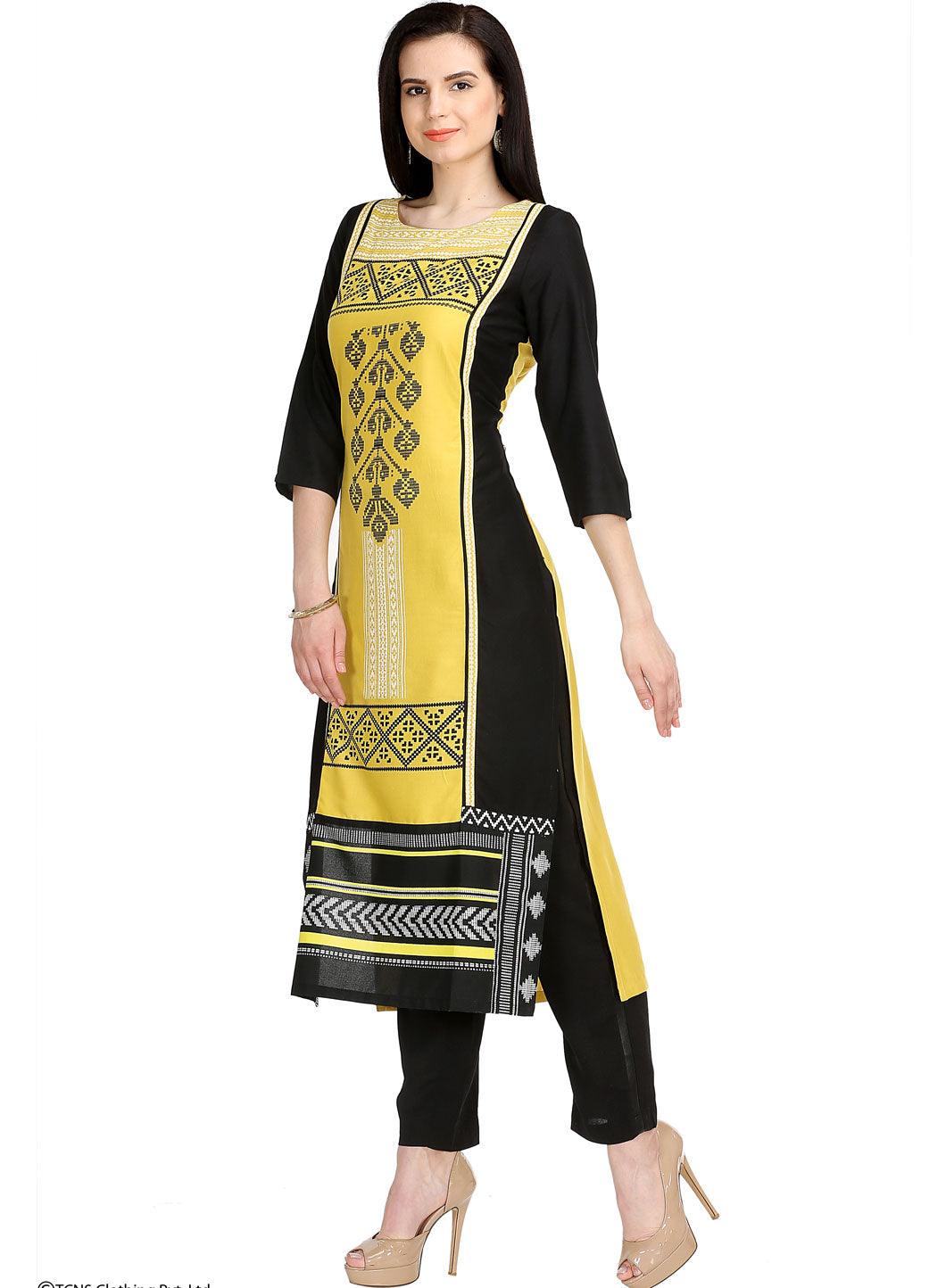 Yellow Printed 3/4 Sleeve kurta - wforwoman