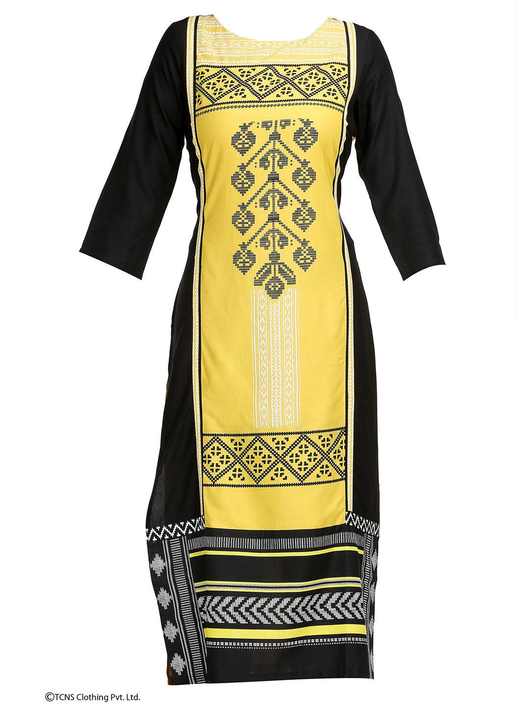 Yellow Printed 3/4 Sleeve kurta - wforwoman