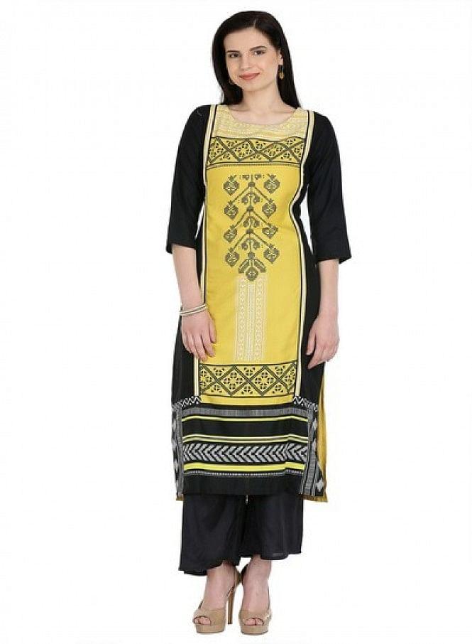 Yellow Printed 3/4 Sleeve kurta - wforwoman