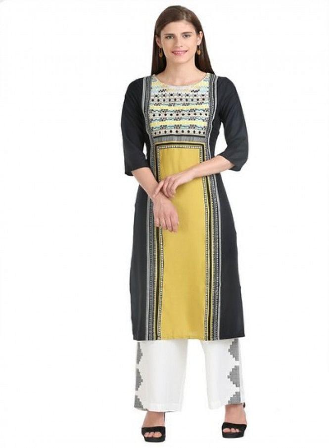 Black 3/4 Sleeve Printed kurta - wforwoman