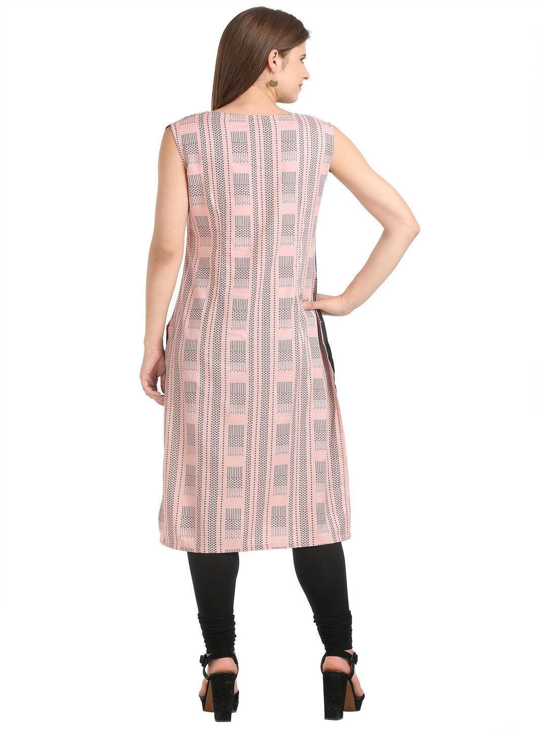 Pink Round Neck Sleeveless Printed kurta - wforwoman