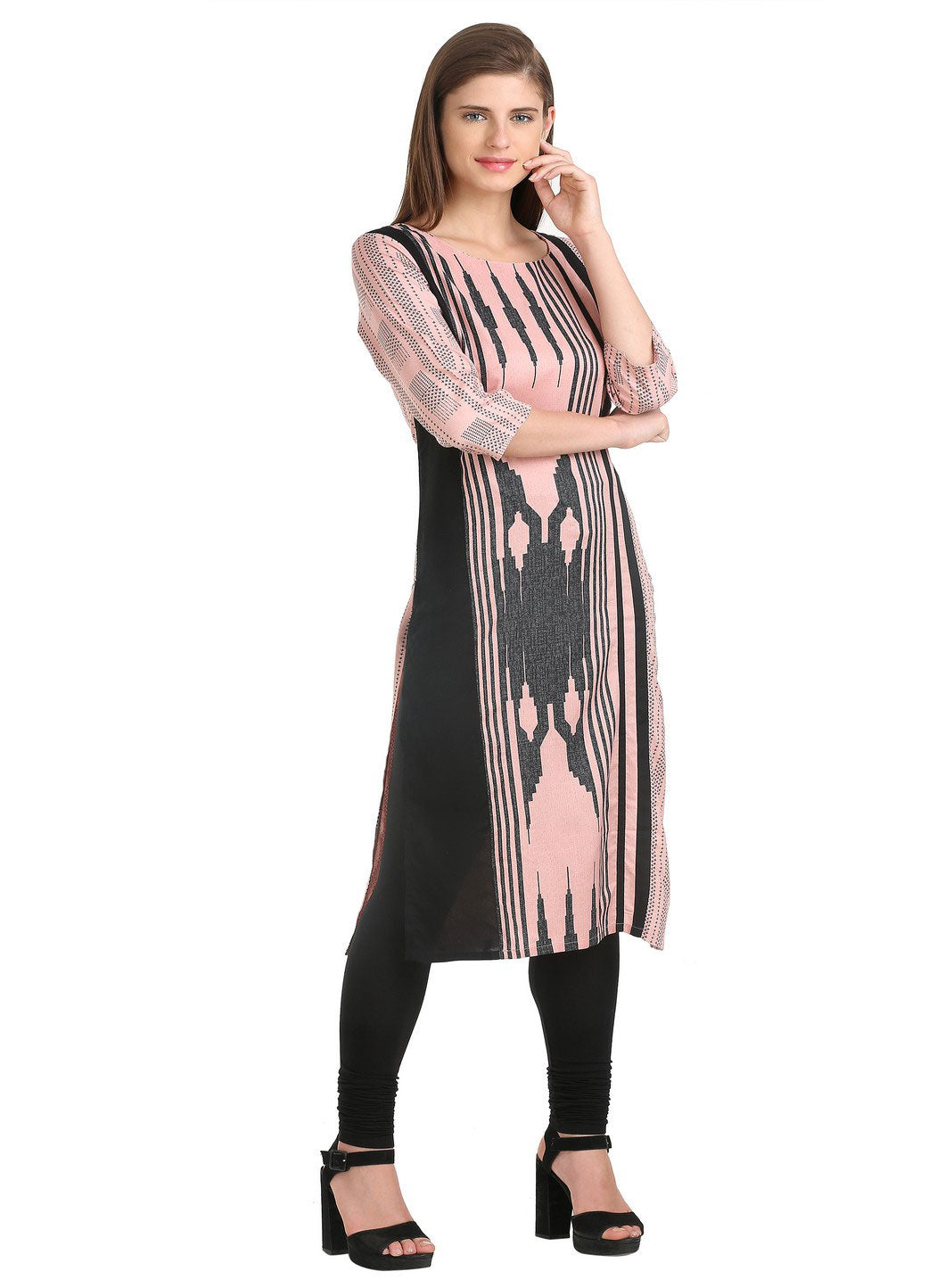 Pink Round Neck 3/4 Sleeve Printed kurta