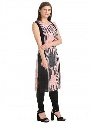 Pink Round Neck Sleeveless Printed kurta - wforwoman