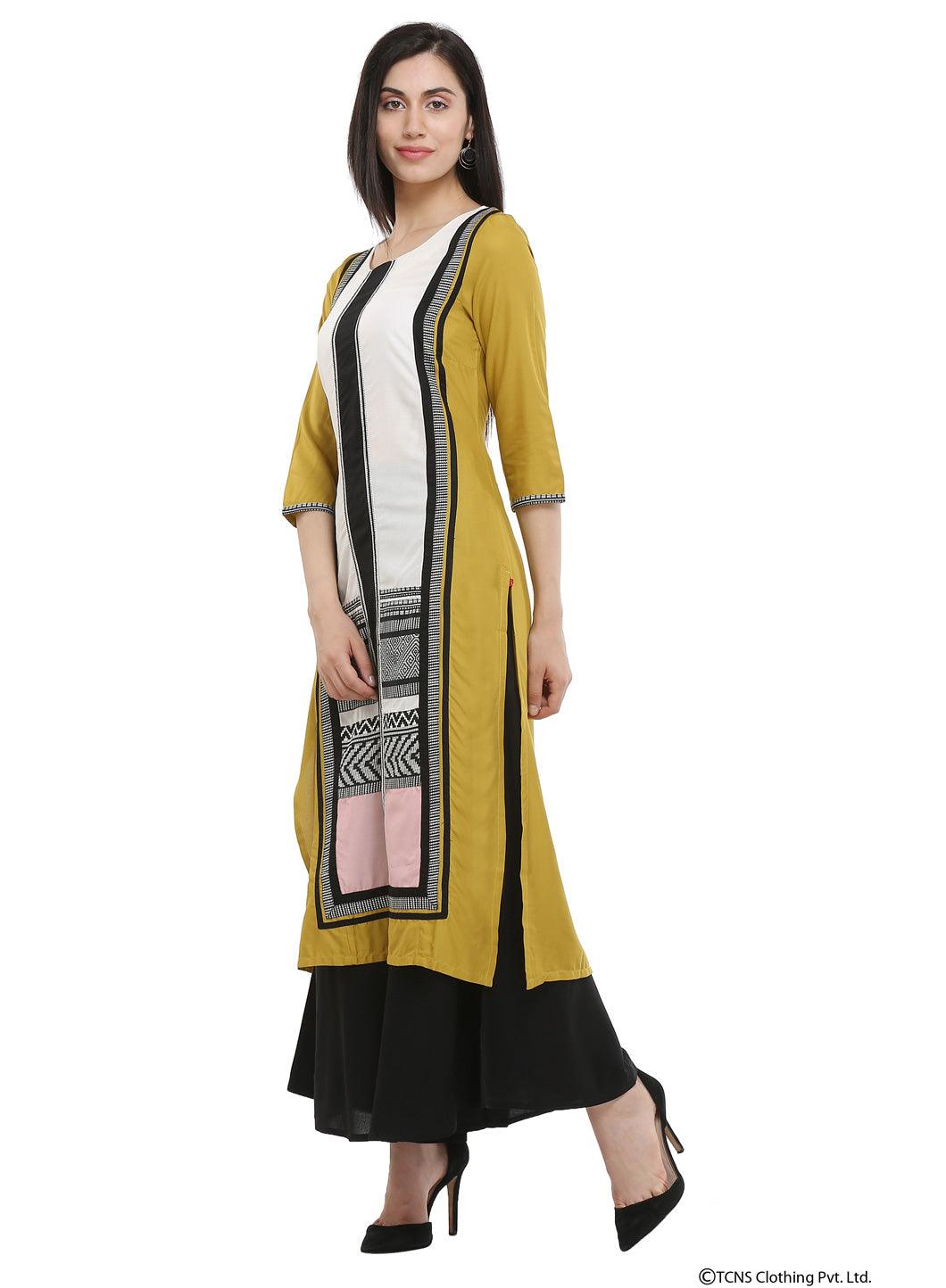 Mustard Printed Round Neck kurta - wforwoman