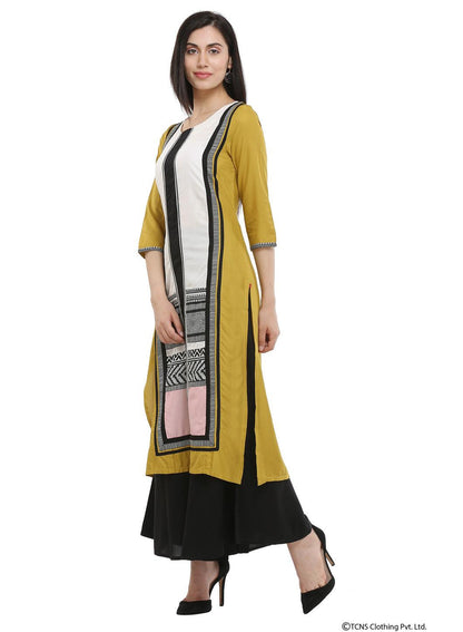 Mustard Printed Round Neck kurta - wforwoman